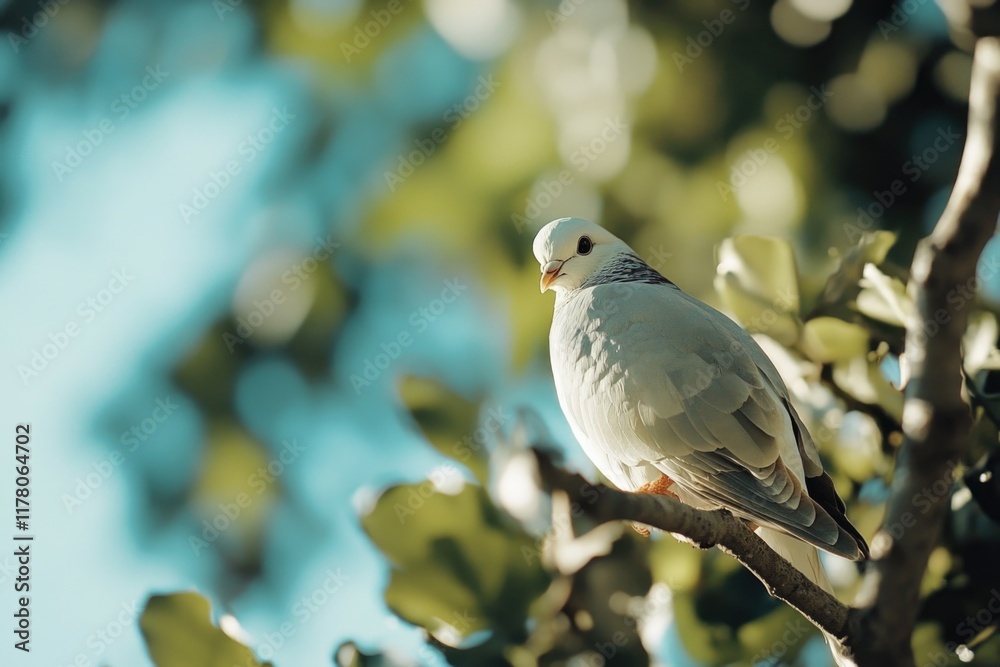 A white bird sits on the top of a tree branch, looking out at its surroundings A white bird sits on the top of a tree branch, looking out at its surroundings