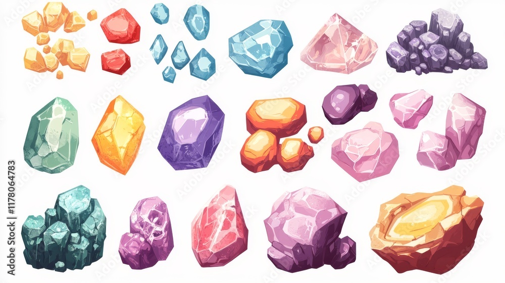 Naklejka premium Crystal gems, jewel rocks and mineral stones. isolated natural colorful gemstones, glass, jewelry or geology magic items, game assets purple, red, green, yellow, pink and blue Cartoon vector rocks set