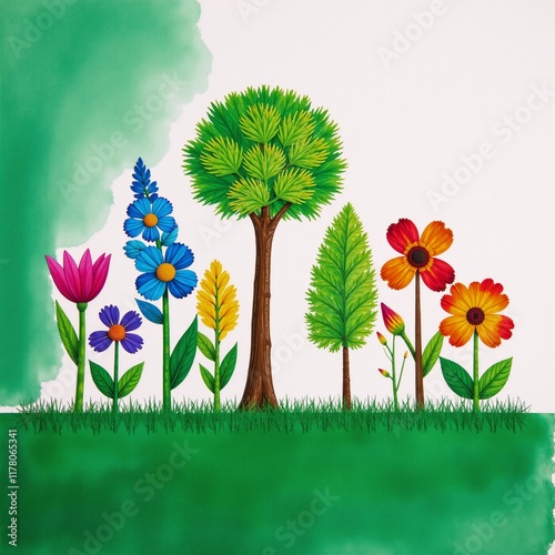 Vibrant eco-themed illustration featuring colorful flora and fauna on a green-white background to promote sustainability in businesseconomy photo