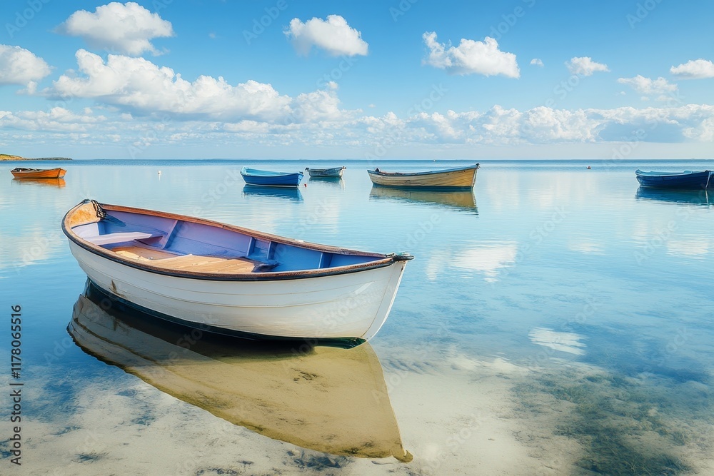 Naklejka premium Scenic view of boats on crystal clear waters at coz pors beach in tregastel, brittany, france