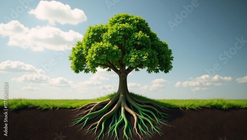 Tree with natural roots converting to digital circuits symbolizing harmony of technology and environment promoting sustainable development photo