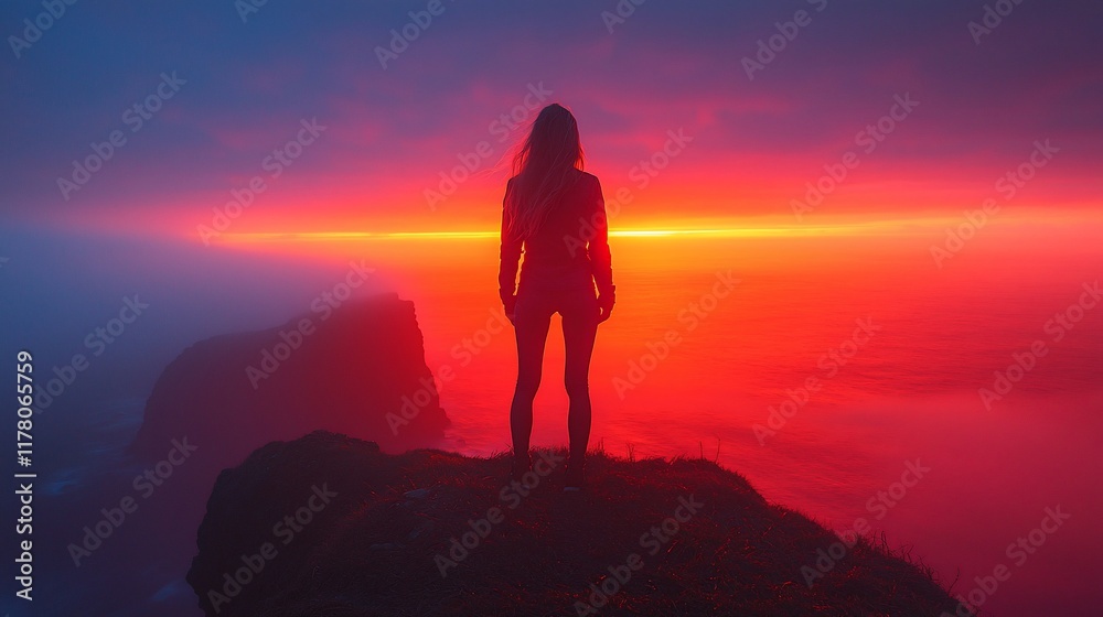 Obraz premium Woman silhouetted against vibrant sunset over ocean.