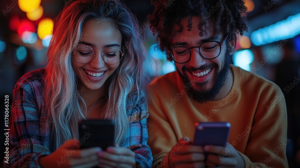 Fototapeta premium Young Friends Enjoying a Casual Night out While Using Their Smartphones. Generative AI