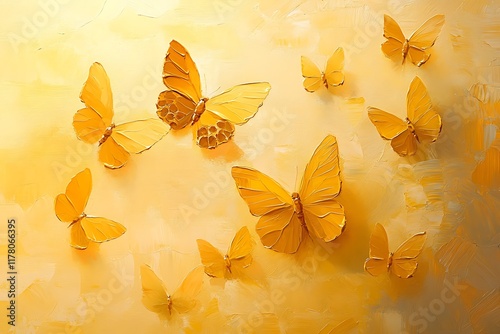 Golden Butterflies on Yellow Canvas Abstract Art photo