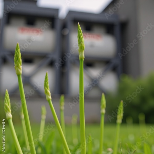 Close-up shot Growth of young green plants contrasted against an industrial backdrop symbolizing environmental harmony photo