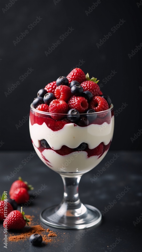 Vegan Trifle showcases juicy berries creamy non-dairy layers and velvety yogurt on a textured concrete base Vegan Trifle showcases juicy berries creamy non-dairy layers and velvety yogurt on a textured concrete base