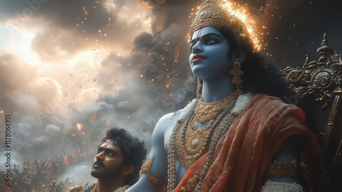 Lord Krishna Guides Arjuna During a Pivotal Moment in the Bhagavad Gita Teachings on a Battlefield