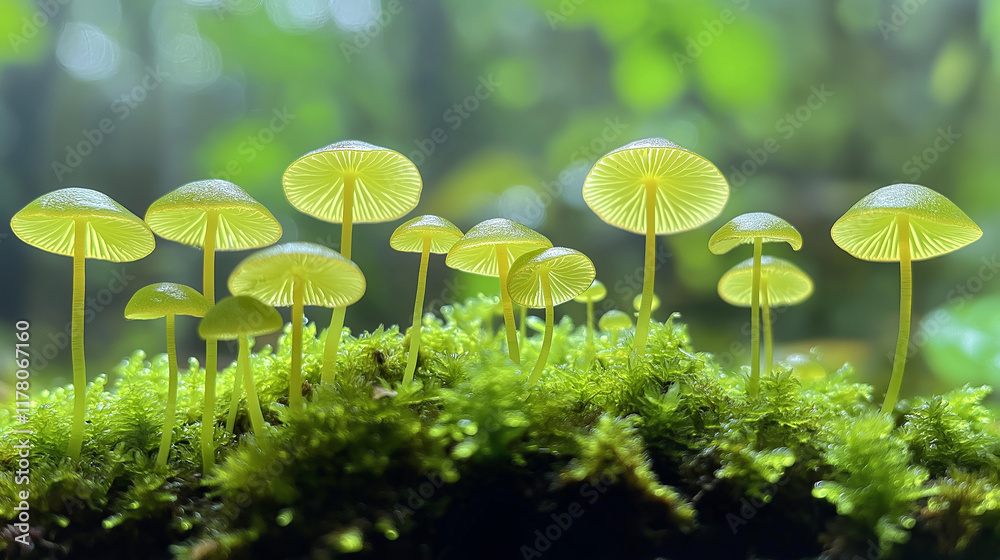 A macro shot of delicate mushrooms emerging from lush moss, emphasizing their fine textures, natural earthy tones, and soft lighting against a blurred forest background. A macro shot of delicate mushrooms emerging from lush moss, emphasizing their fine textures, natural earthy tones, and soft lighting against a blurred forest background.