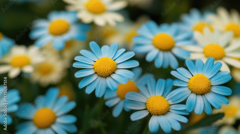 Obraz premium A bouquet of blue and white flowers with bright yellow centers, arranged in a vase