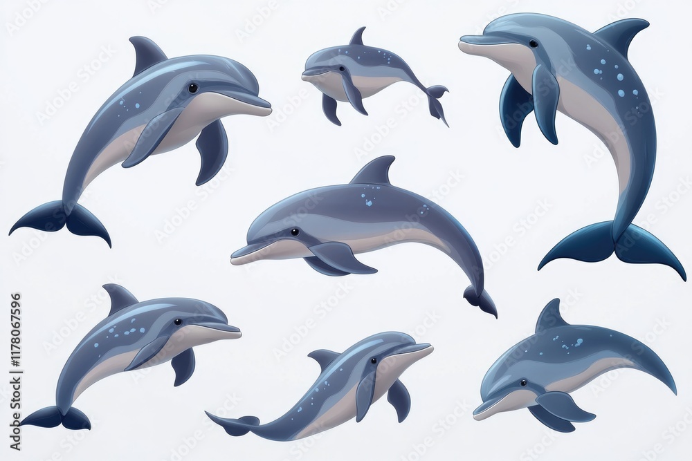 A group of dolphins swimming and standing upright in calm waters A group of dolphins swimming and standing upright in calm waters