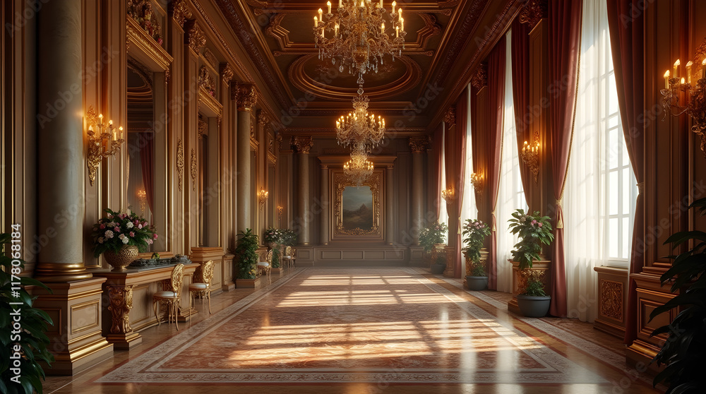 Fototapeta premium Grand palace interior. Ornate columns and arches fill the spacious hall, showcasing opulent architectural details.