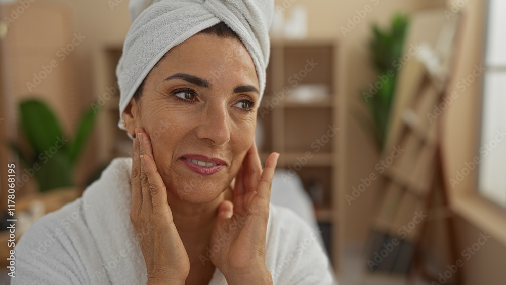 Woman with towel enjoying a relaxing moment at a spa, surrounded by a serene, indoor wellness center, displaying her beautiful, mature, hispanic features in a calm and elegant beauty setting