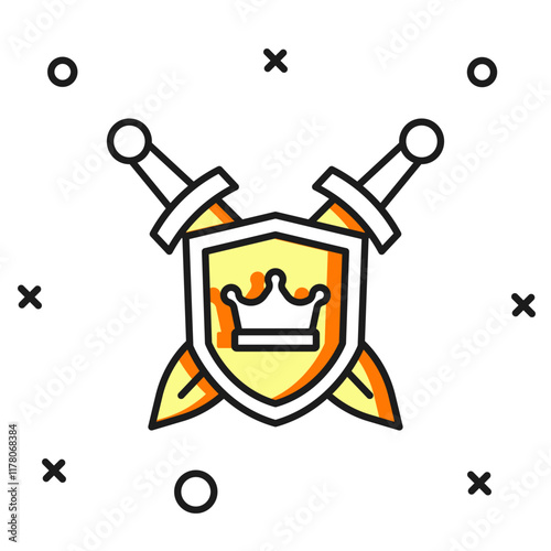 Filled outline Medieval shield with crossed swords icon isolated on white background. Flat filled outline style with shadow. Vector photo