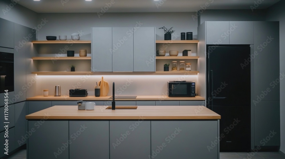 A kitchen with a refrigerator and microwave A kitchen with a refrigerator and microwave