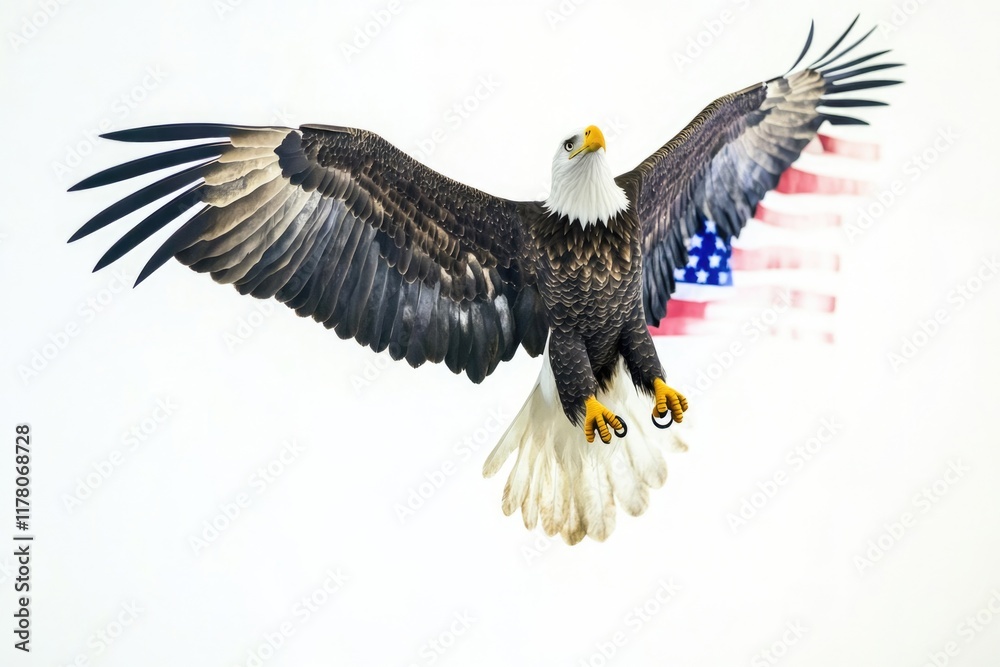 Obraz premium A majestic bald eagle soaring near the iconic American flag, perfect for patriotic events or national pride imagery