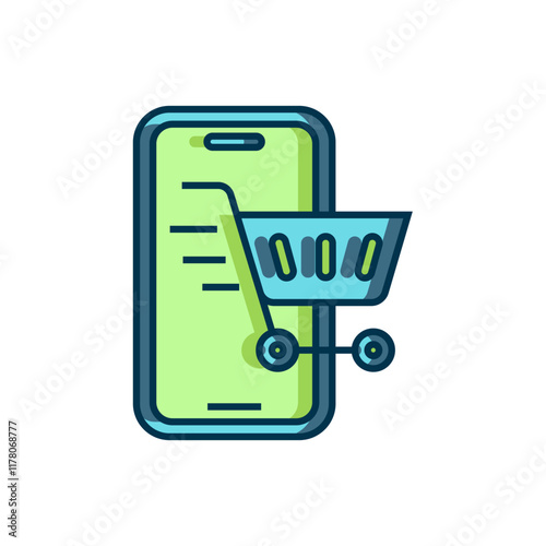 Filled outline Mobile phone and shopping cart icon isolated on white background. Online buying symbol. Supermarket basket symbol. Flat filled outline style with shadow. Vector
