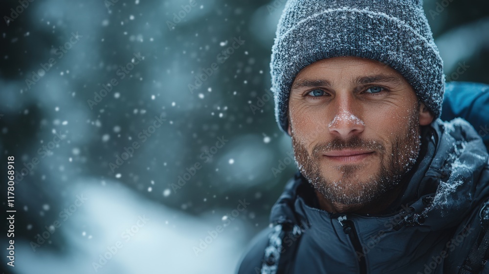 Portrait of a Man in Winter Attire Enjoying Snowy Weather in a Forest. Generative AI Portrait of a Man in Winter Attire Enjoying Snowy Weather in a Forest. Generative AI