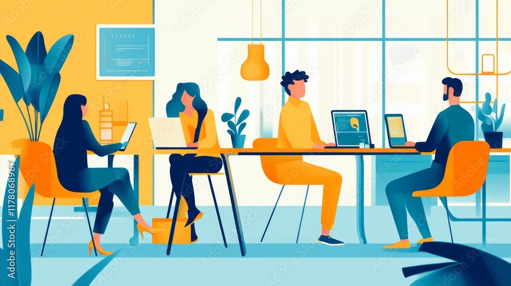 People work in office. Concept of teamwork, modern workspace, creative staff. Vector cartoon illustration of team job with man with laptop and employees talk together People work in office. Concept of teamwork, modern workspace, creative staff. Vector cartoon illustration of team job with man with laptop and employees talk together