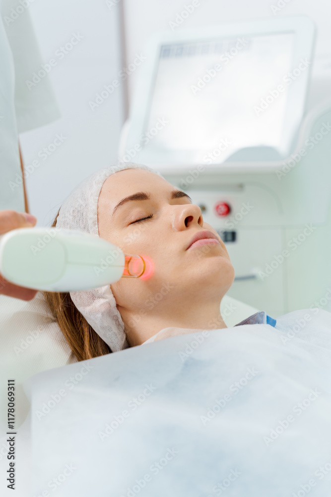 Removal rosacea of dilated small vessels on patient face with IPL ultrasound laser. Laser treatment of rosacea by dermatologist. Painless rosacea treatment in beauty clinic. Removal rosacea of dilated small vessels on patient face with IPL ultrasound laser. Laser treatment of rosacea by dermatologist. Painless rosacea treatment in beauty clinic.