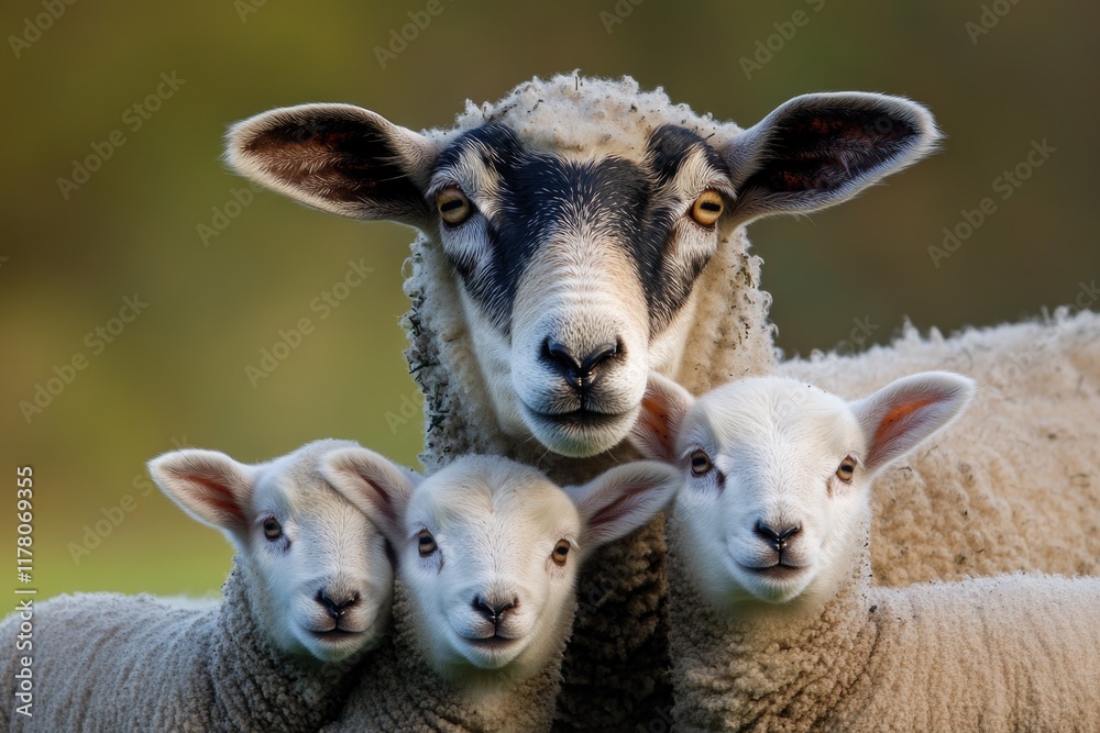 Group of sheep standing closely together, grazing or resting
