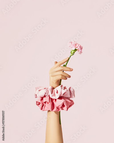 Hand with pink scrunchies and carnation flower on pink background photo