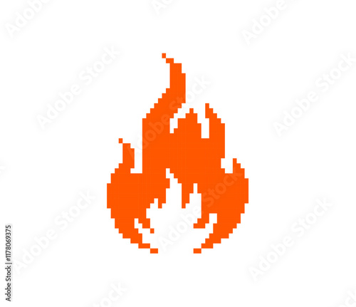 Pixel fire icon. Retro-style flame graphic orange and yellow gradient pixel art design.