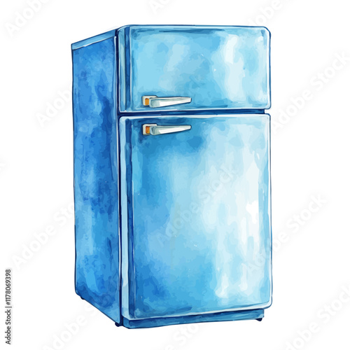 A watercolor of a refrigerator, isolated on a white background. Kitchen appliance vector.
