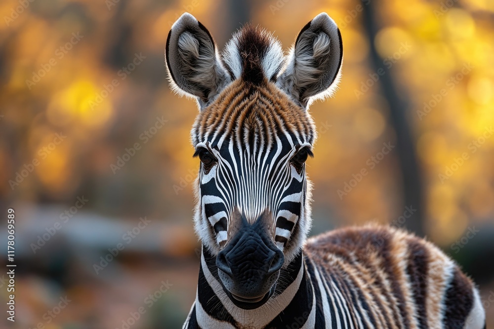 Fototapeta premium A close-up view of a zebra's face amidst trees