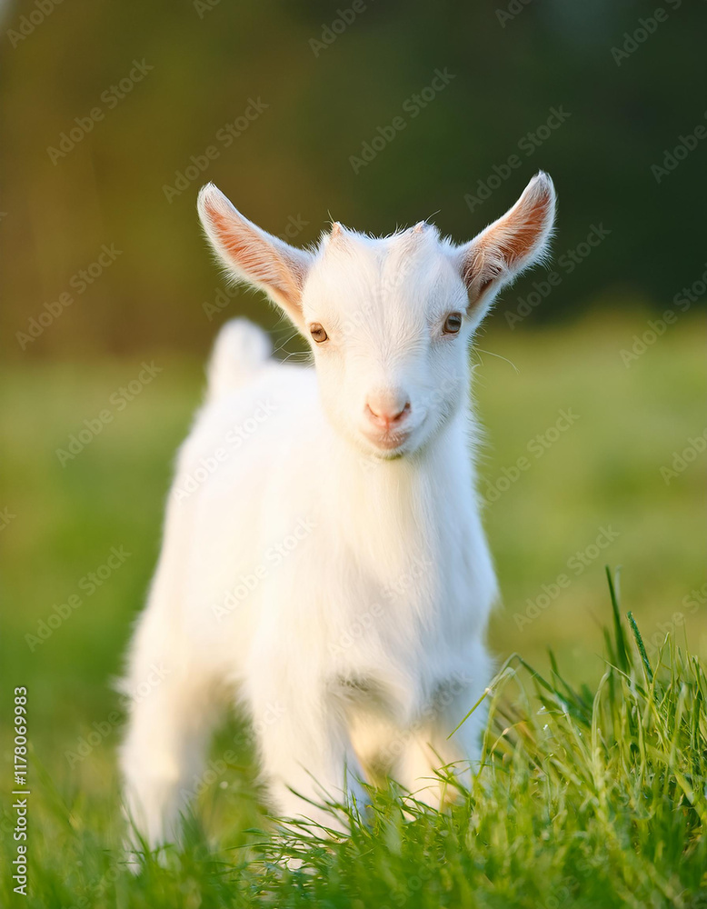 White little goat in sunny green meadow. Farm animal. White little goat in sunny green meadow. Farm animal.