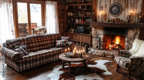 Wild west living room empty interior with western rustic style furniture. Cartoon vector fireplace with horns and candles, couch with plaid, armchair, table, floor lamp, bookshelf and cow skin rag