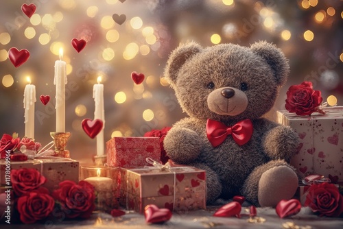 Cozy romantic still life with teddy bear, roses, and heart decorations for valentine s celebration photo