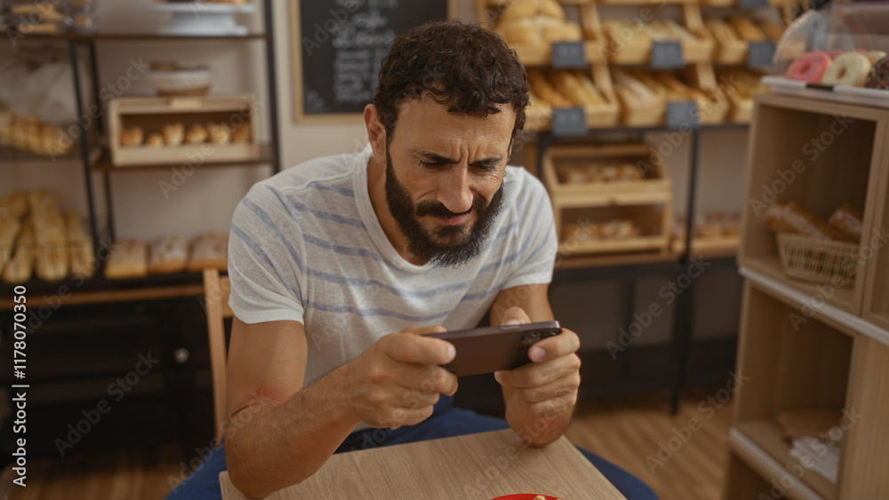 Young man with beard intensely focusing on his phone while sitting inside a cozy bakery shop surrounded by shelves of bread and pastries Young man with beard intensely focusing on his phone while sitting inside a cozy bakery shop surrounded by shelves of bread and pastries