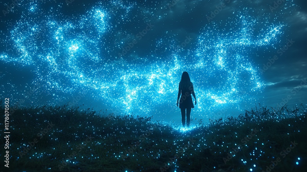 Woman silhouetted against a mystical, glowing blue nebula in a field at night. Woman silhouetted against a mystical, glowing blue nebula in a field at night.