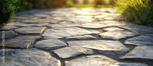 Laying a stone patio with vivid colors and soft lighting in a serene garden setting photo