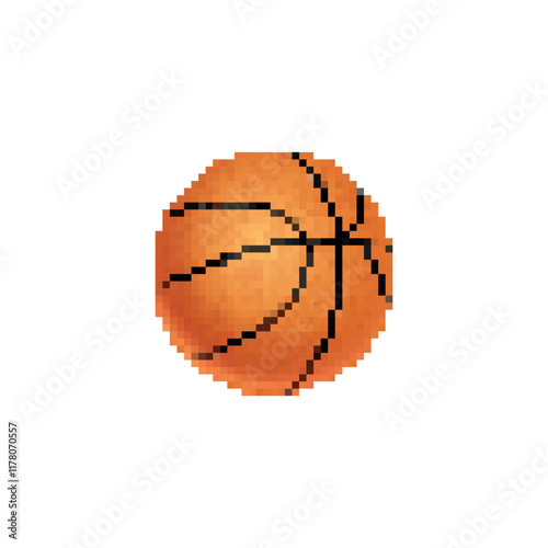 Basketball icon in pixel art style on white background. Classic orange basketball with black lines in retro design.