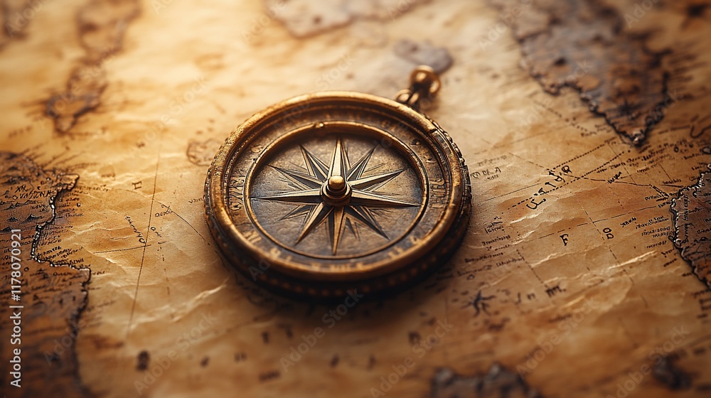 Antique Compass Rests on Aged World Map Antique Compass Rests on Aged World Map