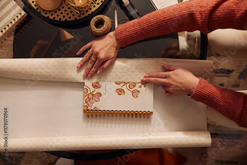 Gift wrapping, overhead shot photo