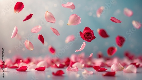 A romantic background featuring delicate red and pink rose petals gently falling, creating a serene and peaceful atmosphere. The soft pastel hues and blurred effect add elegance and tranquility to the
