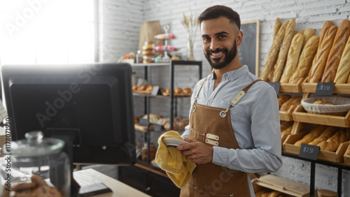 Bilde på lerret Handsome young man cleaning a plate in a cozy bakery shop, smiling confidently w