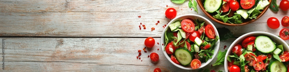 Fresh salads in bowls with vibrant greens and colorful tomatoes on wooden background