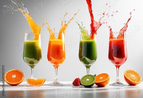 dynamic colorful fruit juice splashes captured clear glass vibrant hues refreshing visual appeal, berry, citrus, cocktail, cooler, delicious, drink photo