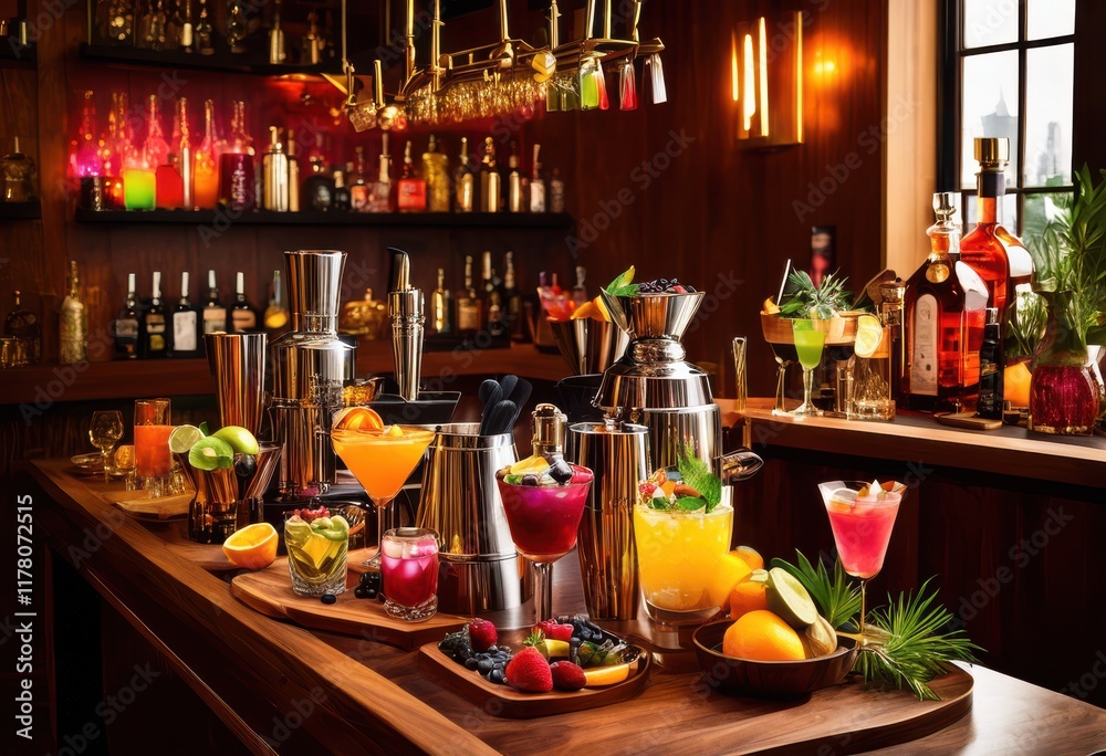 vibrant diverse mixology setup showcasing array colorful cocktail ingredients bar tools inviting beverage experience, decor, bottle, glass, table, design vibrant diverse mixology setup showcasing array colorful cocktail ingredients bar tools inviting beverage experience, decor, bottle, glass, table, design