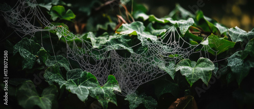 Morning dew glistens on spider webs nestled among vibrant spring leaves photo