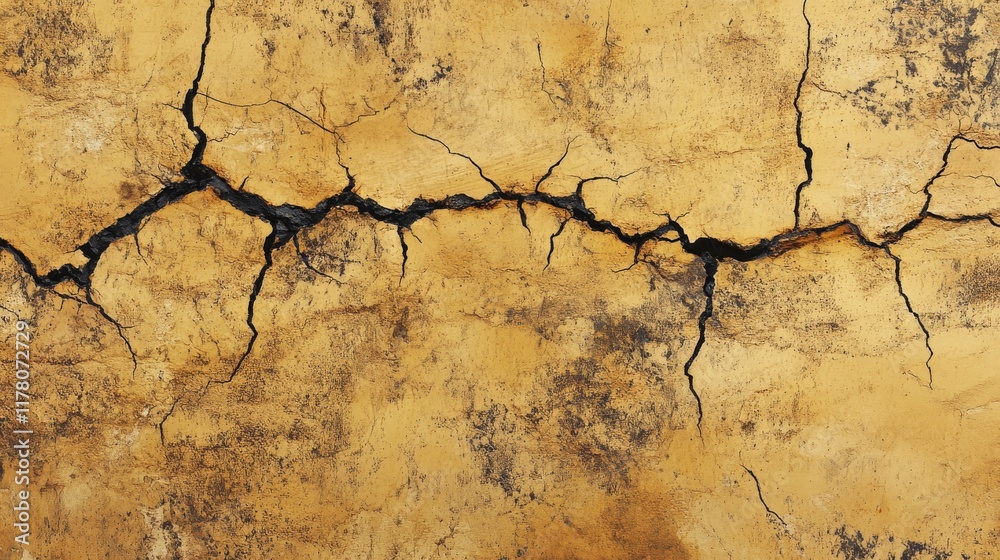 Obraz premium Wall crack texture. Broken ground effect vector. Earthquake on cement floor isolated realistic 3d. Black fracture line or drought land erosion illustration. Old asphalt scratch graphic design