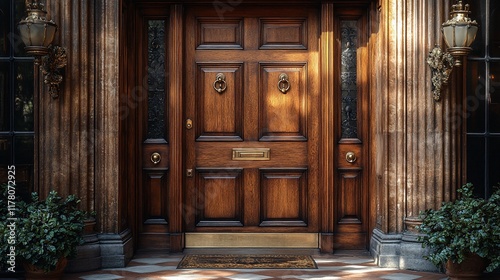 Elegant Wooden Doorway With Ornate Details And Plants