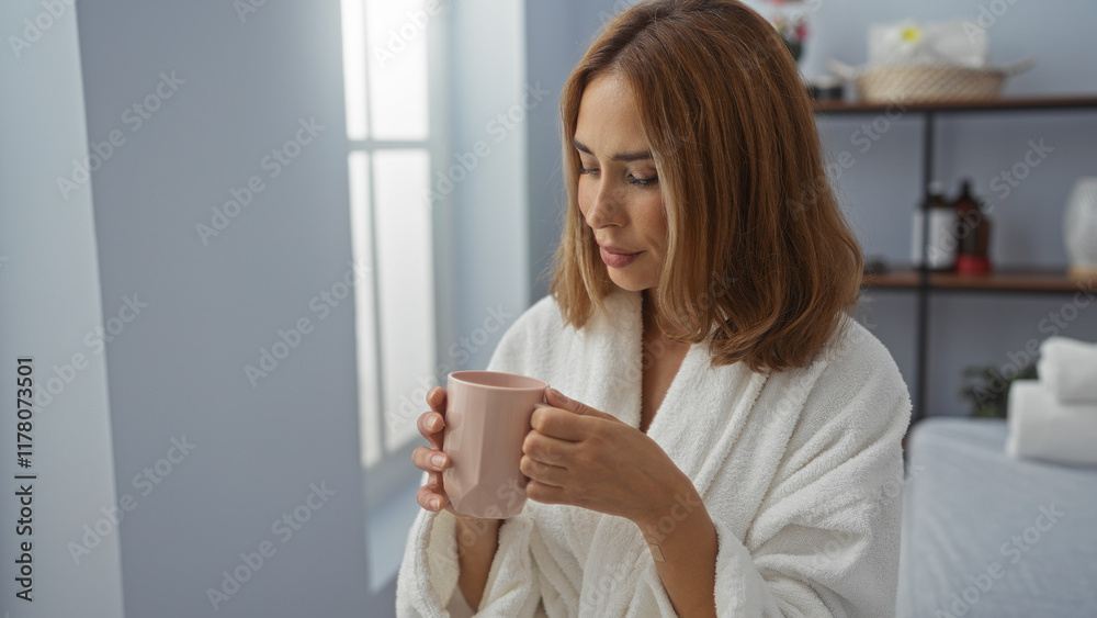 Woman relaxing in a spa room wearing a white robe and holding a cup, surrounded by a serene interior indicating a wellness environment Woman relaxing in a spa room wearing a white robe and holding a cup, surrounded by a serene interior indicating a wellness environment