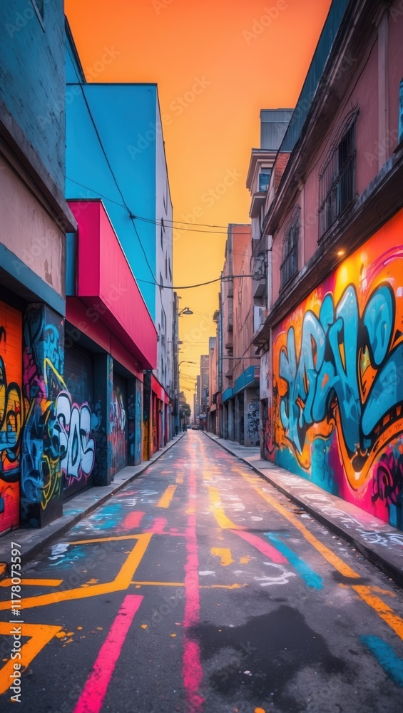 Fototapeta premium Vibrant Graffiti Alley with Colorful Murals and Artistic Atmosphere