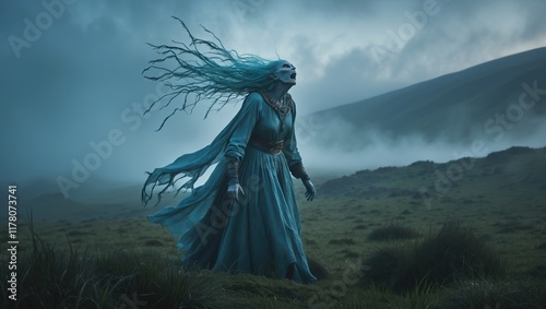 Eerie figure in blue dress walks through misty, haunting landscape photo