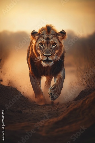 A lion is seen running across a dirt field, with the sun setting in the background photo