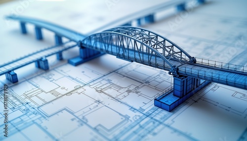 Blue model of bridge rests on blueprints. Detailed structural design plan for construction project. Modern bridge concept displayed on architectural drawings. Engineers use detailed drawings for new